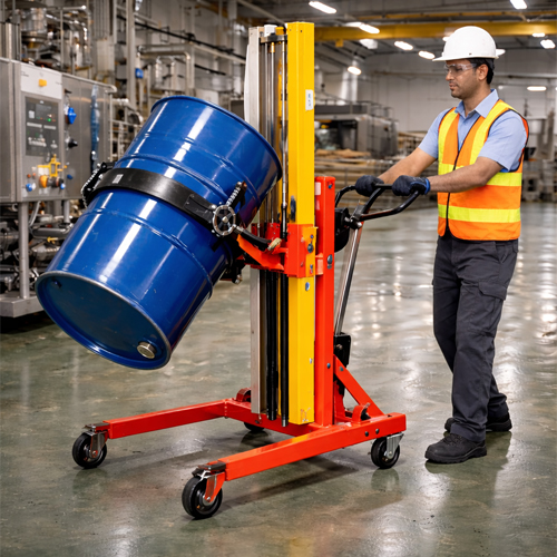 drum-handler-lifting-oil-barrel Manual drum handler lifting a steel oil drum in an Indian factory.