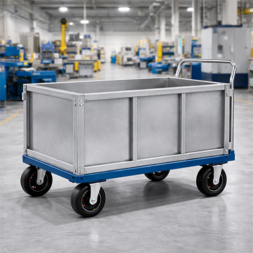 heavy-duty-box-trolley-factory-india Box trolley being used to move bulk materials in an Indian manufacturing unit.