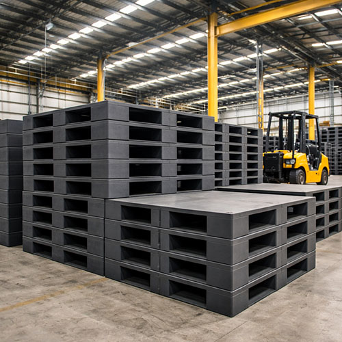 heavy-duty-solid-surface-pallet-warehouse Heavy duty solid surface pallets for industrial storage in a warehouse in India.
