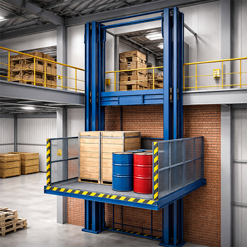 heavy-goods-vertical-lift-india Dual mast goods lift moving heavy industrial materials between floors in India.