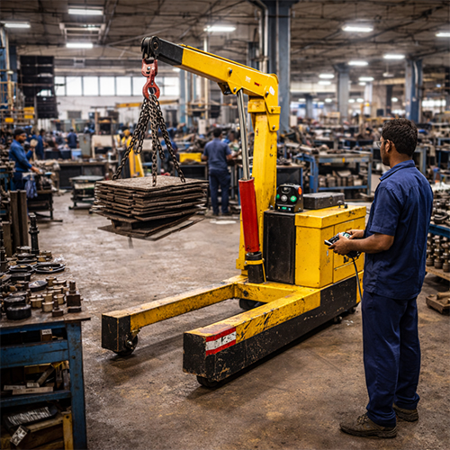 industrial-material-handling-ahmedabad-crane Industrial material handling in Ahmedabad using a battery operated hydraulic crane.