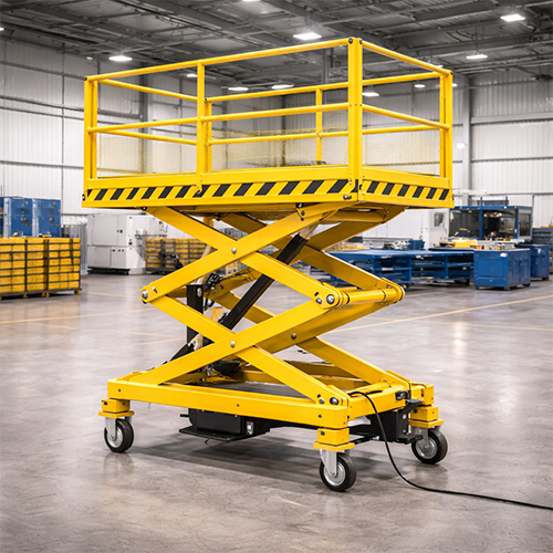 industrial-scissor-lift-table-india Industrial scissor lift table with safety railing in an Ahmedabad factory.