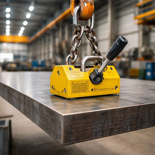 magnet-lifter-lifting-steel-plate Industrial magnet lifter lifting a heavy steel plate in a factory.
