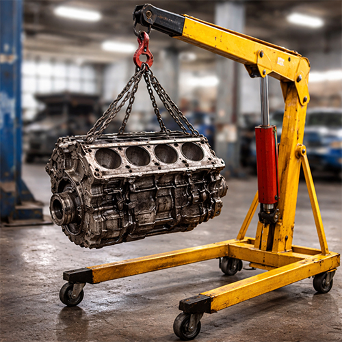 manual-mobile-floor-crane-engine-lifting Manual mobile floor crane lifting an engine in an Indian workshop.