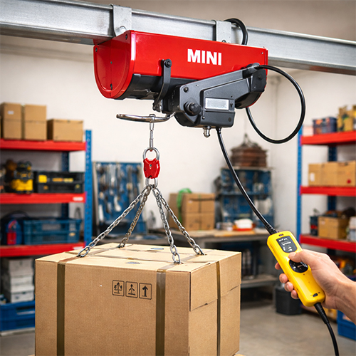 mini-electric-hoist-lifting-load MINI electric hoist lifting a heavy crate in a small warehouse.