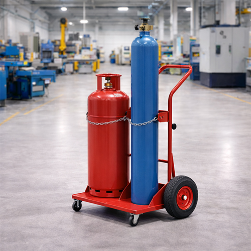 oxygen-lpg-cylinders-double-trolley Oxygen and LPG cylinders on a double gas cylinder trolley in Gujarat.