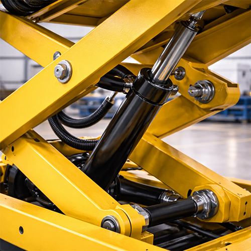pit-mounted-mechanism-closeup Close-up of the scissor lifting mechanism located below the floor level.
