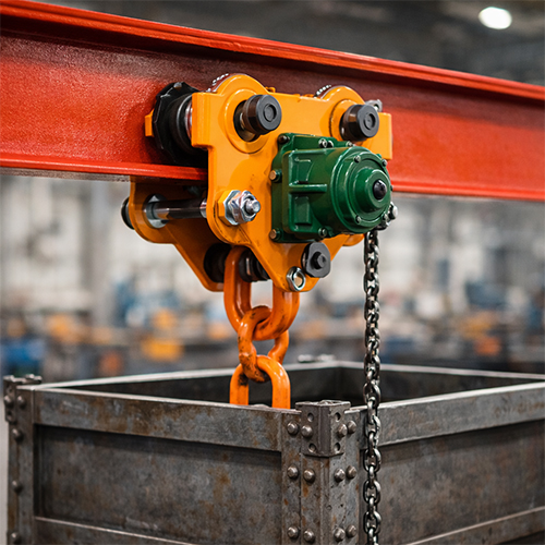 plain-geared-trolley-hoist-use Plain and geared trolley used with a hoist for horizontal material handling.