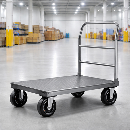 platform-truck-scooter-wheels-industrial Heavy duty platform truck with scooter wheels for industrial use in India.