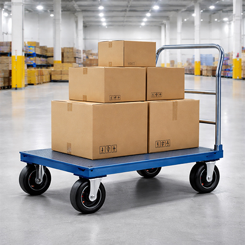 platform-truck-warehouse-india Heavy duty platform truck used for material handling in a warehouse in India.