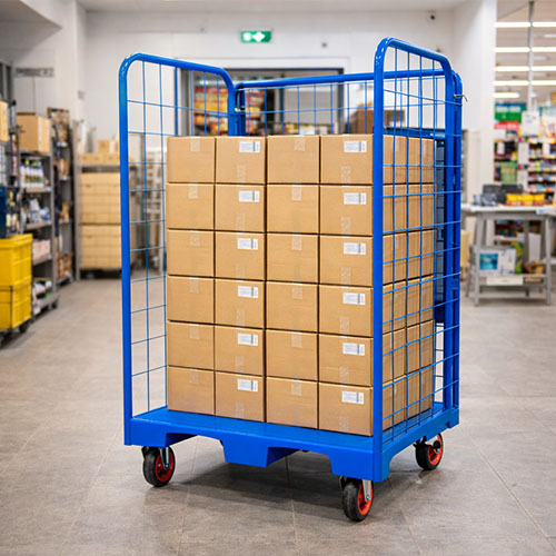 roll-pallet-moving-goods-indoors Roll pallet used for transporting retail goods indoors in Ahmedabad, Gujarat.