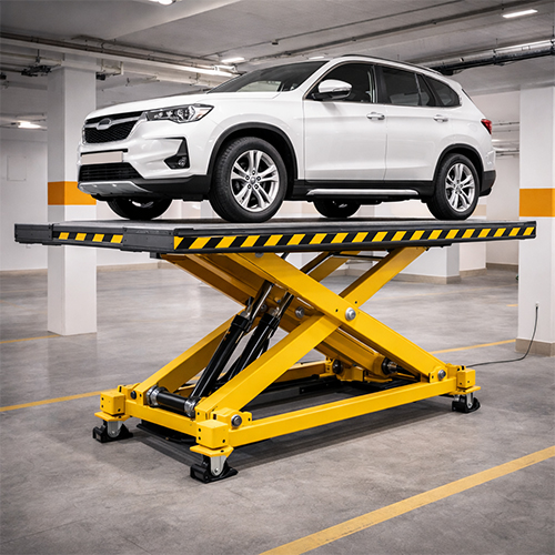 scissor-car-parking-lift-apartment-ahmedabad Scissor car parking lift installed in a modern apartment building in Ahmedabad Gujarat.
