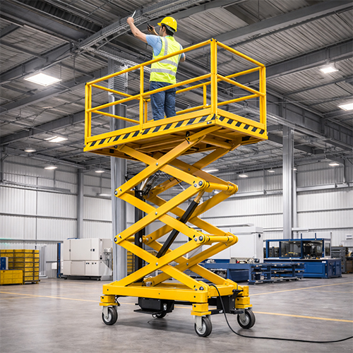 Scissor lift table with railing raised for maintenance and repair work.