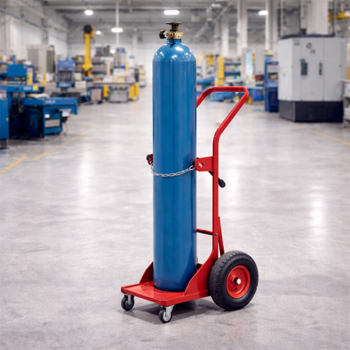 Heavy duty single cylinder trolley used for safe gas handling in a factory.