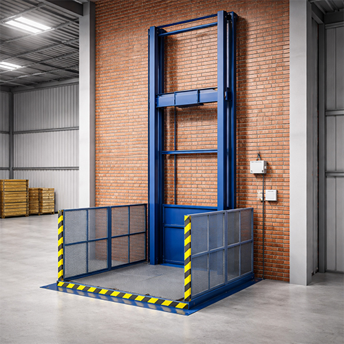 Single mast goods lift installed for vertical material handling in an Indian warehouse.