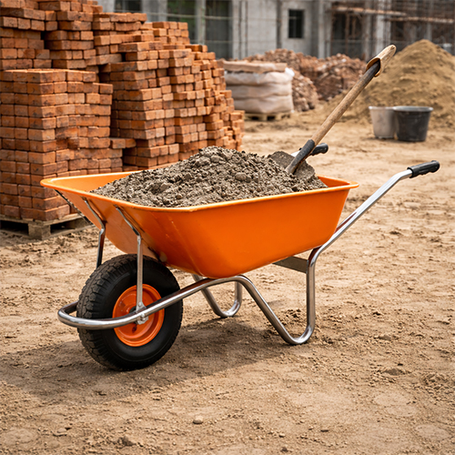 single-wheel-barrow-construction-site Heavy duty single wheel barrow being used on an Indian construction site.