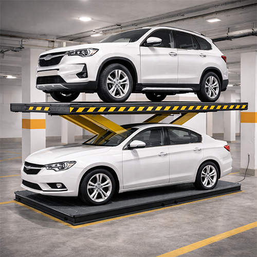 two-cars-parked-twin-lift-system Two cars safely parked using a modern twin car parking lift system