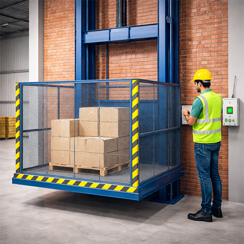 worker-operating-center-cylinder-lift Industrial worker safely operating a center cylinder goods lift in India.