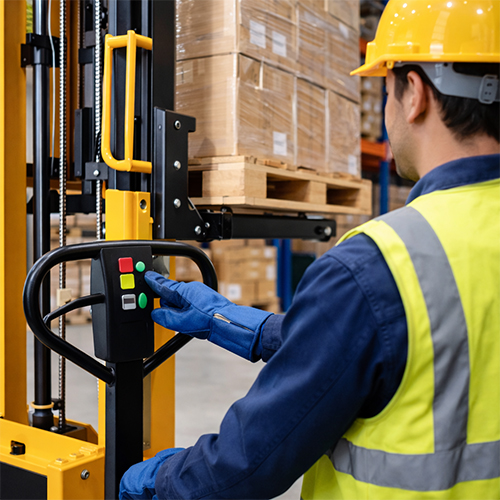 worker-operating-semi-electric-stacker Factory worker safely operating a semi electric operated stacker in India.