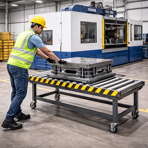 Factory worker safely shifting a heavy die using a professional roller ladder.