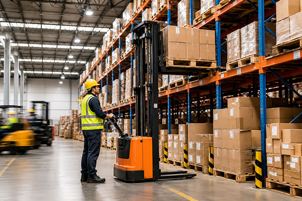 how-hydraulic-stackers-improve-warehouse-productivity A Vision Industries industrial hydraulic stacker lifting heavy pallets onto a warehouse storage rack
